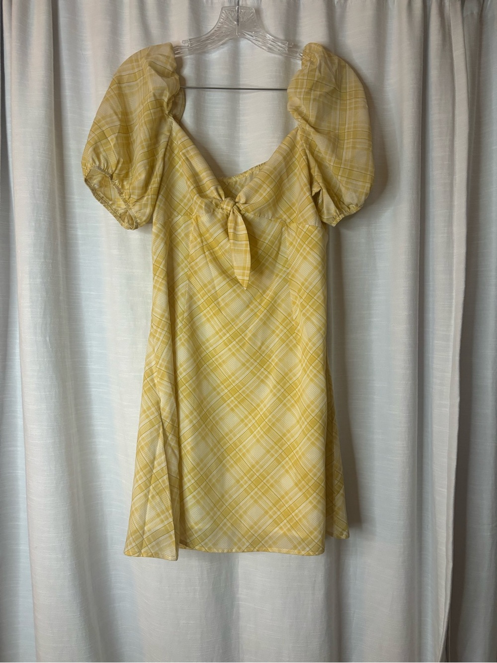 Yellow Plaid Puff Sleeve Tie-Front Dress